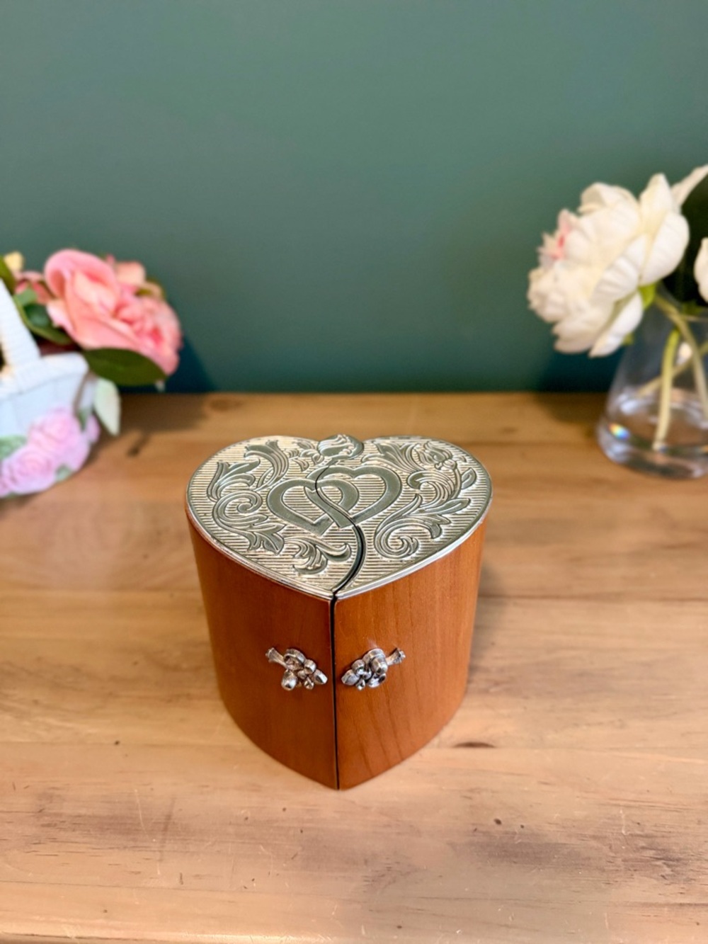 Lenox Heart Jewelry Box Silver Lid Wood Trinket Wedding Keepsake